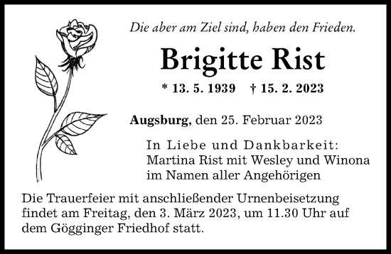 Traueranzeige von Brigitte Rist von Augsburger Allgemeine