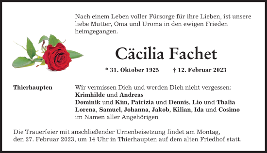 Traueranzeige von Cäcilia Fachet von Augsburg-Land