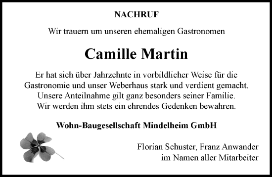 Traueranzeige von Camille Martin von Mindelheimer Zeitung