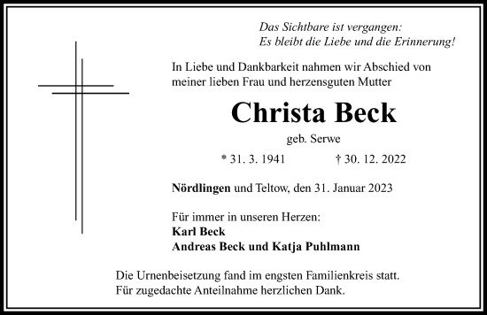 Traueranzeige von Christa Beck von Rieser Nachrichten