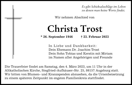 Traueranzeige von Christa Trost von Augsburger Allgemeine