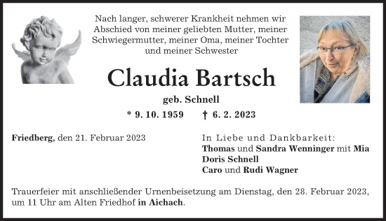 Traueranzeige von Claudia Bartsch von Friedberger Allgemeine