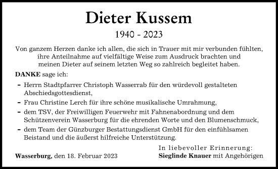 Traueranzeige von Dieter Kussem von Günzburger Zeitung