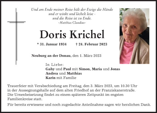 Traueranzeige von Doris Krichel von Neuburger Rundschau