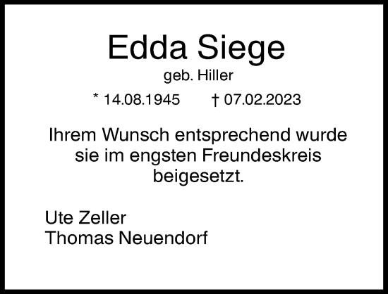 Traueranzeige von Edda Siege von Augsburger Allgemeine, Neu-Ulmer Zeitung