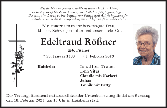 Traueranzeige von Edeltraud Rößner von Donauwörther Zeitung