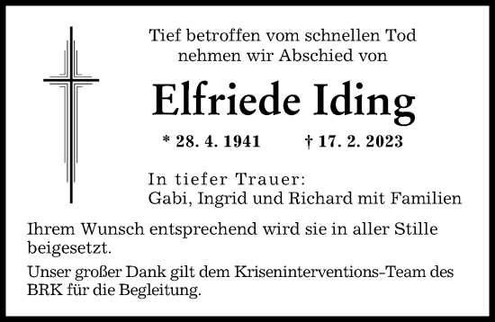 Traueranzeige von Elfriede Iding von Augsburger Allgemeine