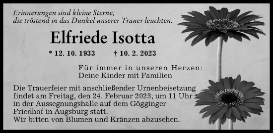 Traueranzeige von Elfriede Isotta von Augsburger Allgemeine