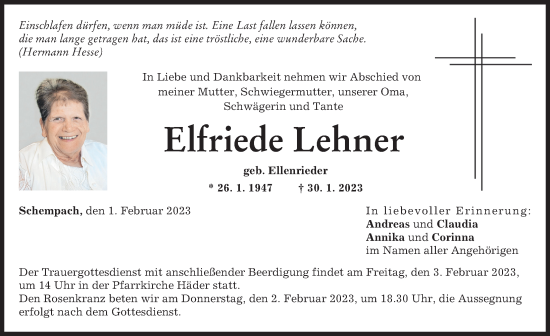 Traueranzeige von Elfriede Lehner von Augsburg-Land