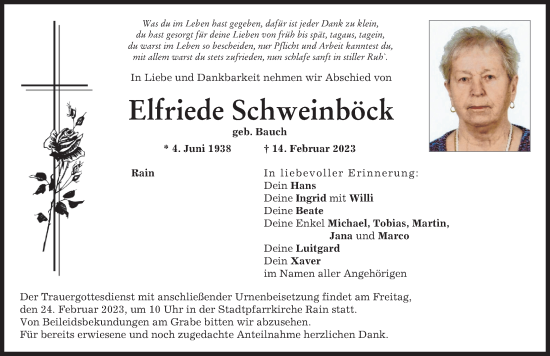 Traueranzeige von Elfriede Schweinböck von Donauwörther Zeitung