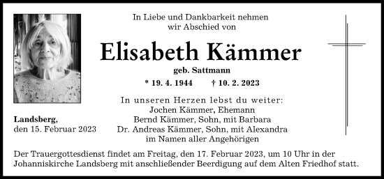 Traueranzeige von Elisabeth Kämmer von Landsberger Tagblatt