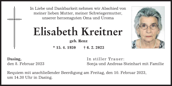 Traueranzeige von Elisabeth Kreitner von Augsburger Allgemeine
