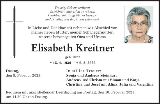 Traueranzeige von Elisabeth Kreitner von Friedberger Allgemeine