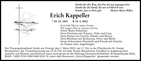 Traueranzeige von Erich Kappeller von Augsburger Allgemeine