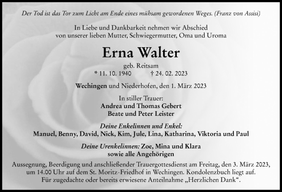 Traueranzeige von Erna Walter von Rieser Nachrichten