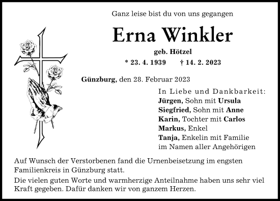 Traueranzeige von Erna Winkler von Günzburger Zeitung
