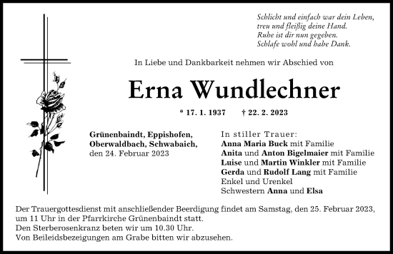Traueranzeige von Erna Wundlechner von Augsburg-Land