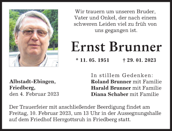 Traueranzeige von Ernst Brunner von Friedberger Allgemeine, Augsburger Allgemeine