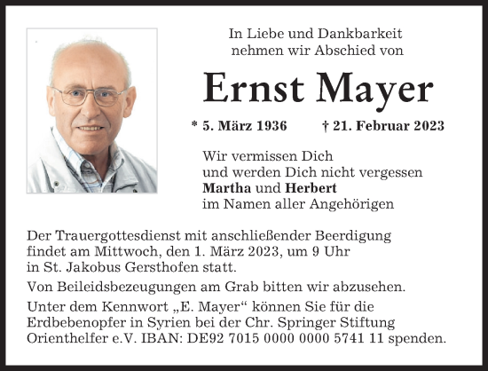 Traueranzeige von Ernst Mayer von Augsburger Allgemeine
