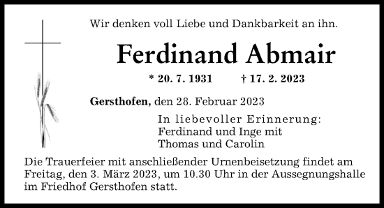 Traueranzeige von Ferdinand Abmair von Augsburger Allgemeine