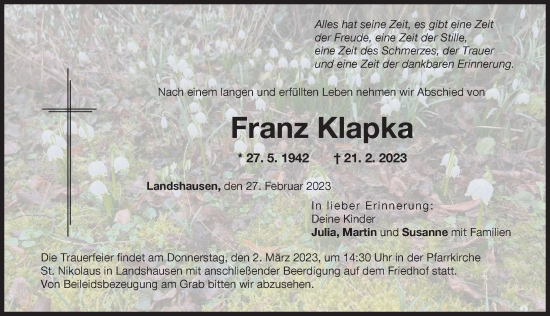 Traueranzeige von Franz Klapka von Donau Zeitung
