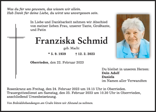 Traueranzeige von Franziska Schmid von Mindelheimer Zeitung