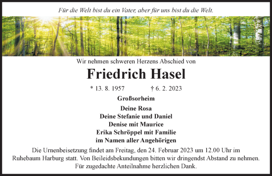 Traueranzeige von Friedrich Hasel von Rieser Nachrichten