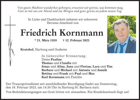 Traueranzeige von Friedrich Kornmann von Rieser Nachrichten, Donauwörther Zeitung
