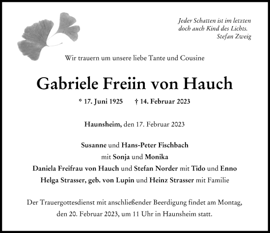 Traueranzeige von Gabriele Freiin von Hauch von Donau Zeitung