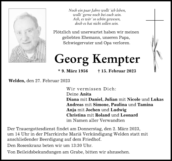 Traueranzeige von Georg Kempter von Wertinger Zeitung, Augsburg-Land