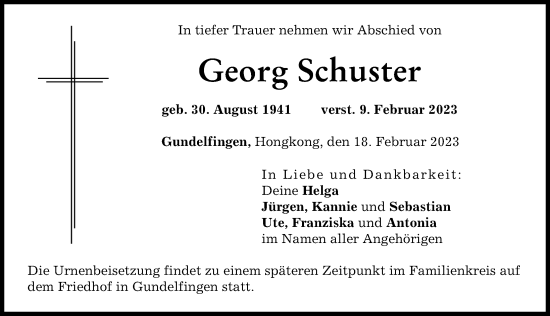 Traueranzeige von Georg Schuster von Donau Zeitung