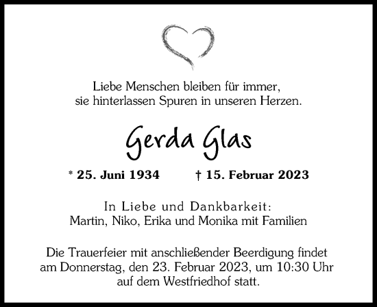 Traueranzeige von Gerda Glas von Augsburger Allgemeine