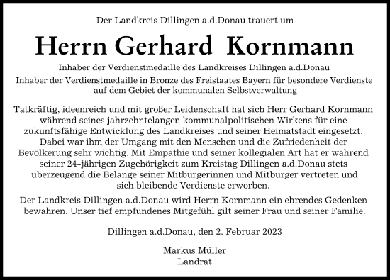 Traueranzeige von Gerhard Kornmann von Donau Zeitung