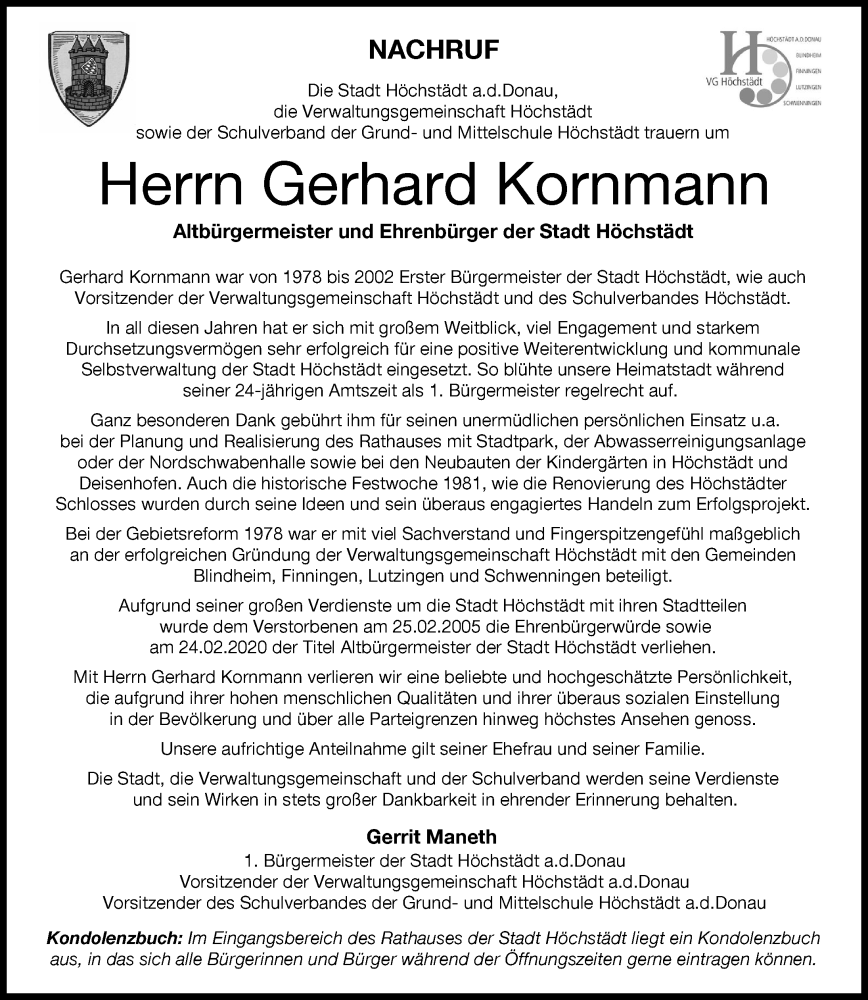  Traueranzeige für Gerhard Kornmann vom 02.02.2023 aus Donau Zeitung