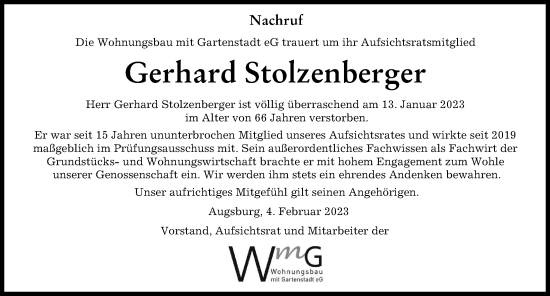 Traueranzeige von Gerhard Stolzenberger von Augsburger Allgemeine