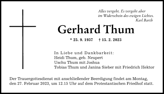 Traueranzeige von Gerhard Thum von Augsburger Allgemeine