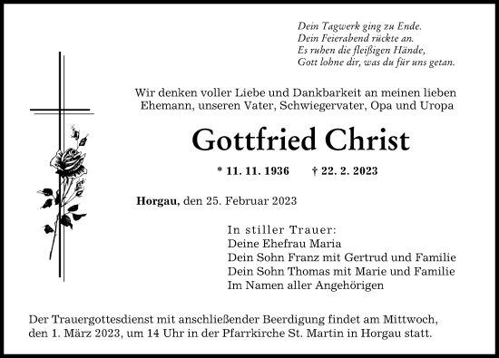 Traueranzeige von Gottfried Christ von Augsburger Allgemeine