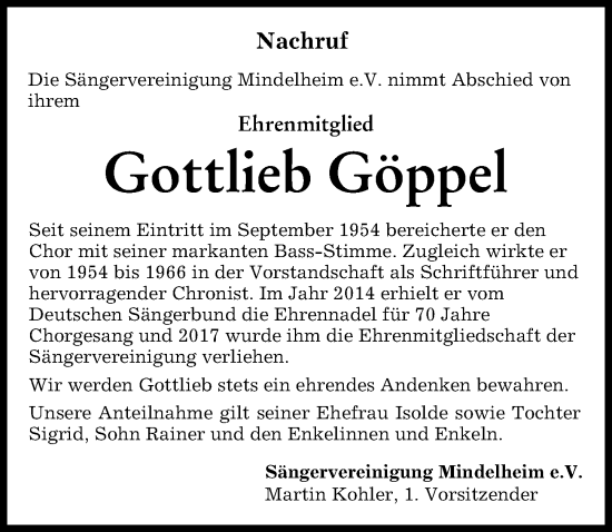 Traueranzeige von Gottlieb Göppel von Mindelheimer Zeitung