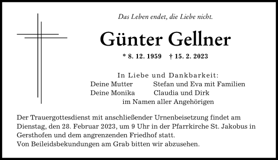Traueranzeige von Günter Gellner von Augsburger Allgemeine
