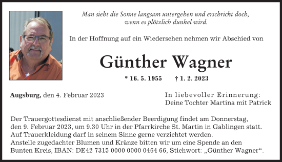 Traueranzeige von Günther Wagner von Augsburger Allgemeine