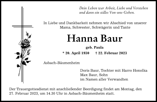 Traueranzeige von Hanna Baur von Donauwörther Zeitung