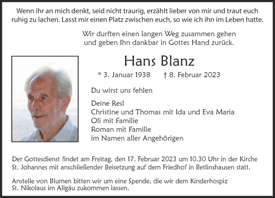 Traueranzeige von Hans Blanz von Illertisser Zeitung