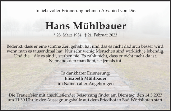 Traueranzeige von Hans Mühlbauer von Mindelheimer Zeitung