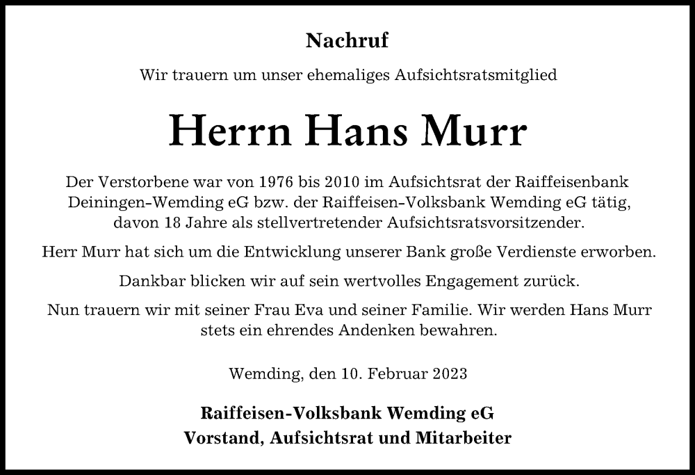  Traueranzeige für Hans Murr vom 10.02.2023 aus Rieser Nachrichten