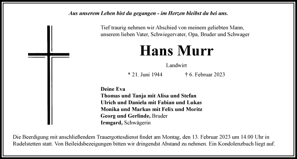  Traueranzeige für Hans Murr vom 10.02.2023 aus Donauwörther Zeitung, Rieser Nachrichten