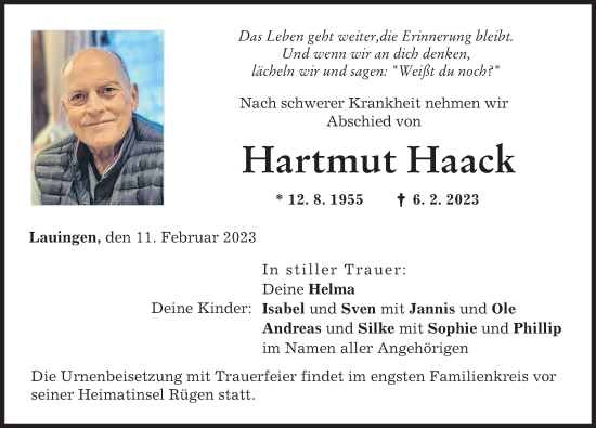 Traueranzeige von Hartmut Haack von Donau Zeitung