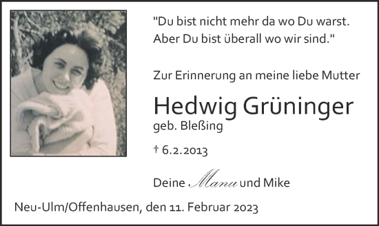 Traueranzeige von Hedwig Grüninger von Augsburger Allgemeine, Neu-Ulmer Zeitung