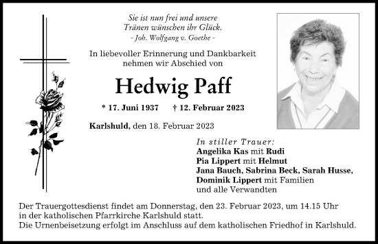 Traueranzeige von Hedwig Paff von Neuburger Rundschau