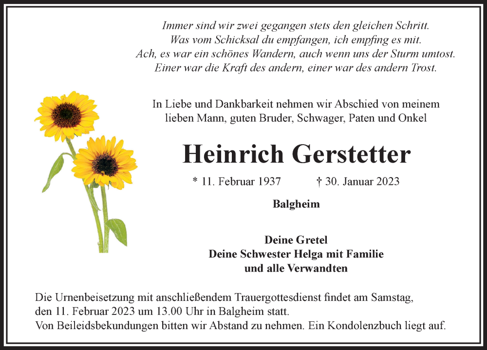  Traueranzeige für Heinrich Gerstetter vom 09.02.2023 aus Rieser Nachrichten