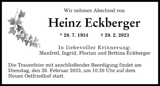 Traueranzeige von Heinz Eckberger von Augsburger Allgemeine